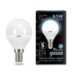 Светодиодная лампа Gauss Шар 6,5W 550Lm 4100K E14 105101207105101207_GAUSS
