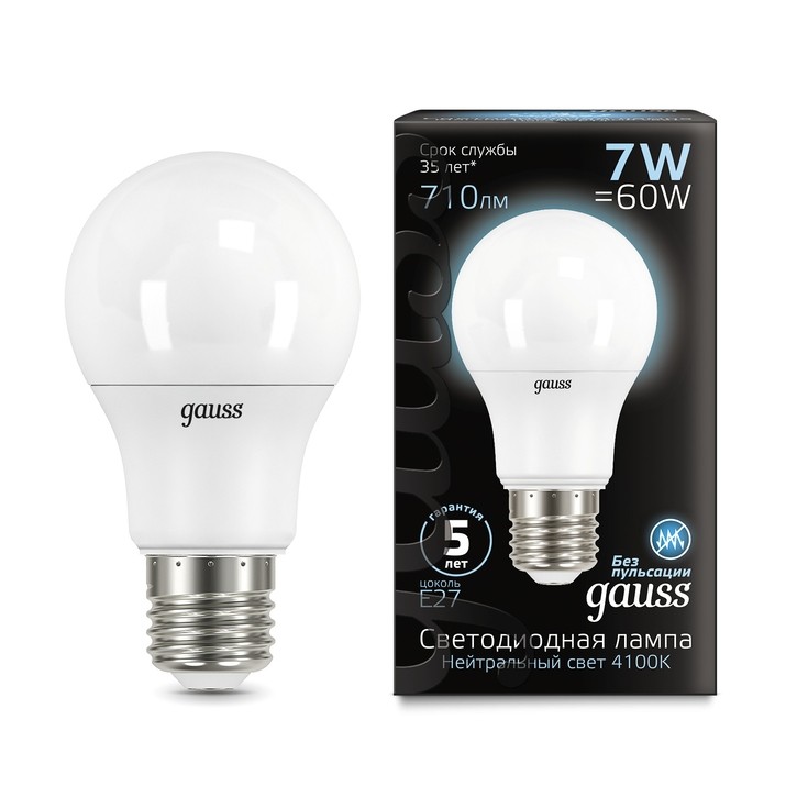 Светодиодная лампа Gauss A60 7W 710Lm 4100K E27 102502207102502207_GAUSS