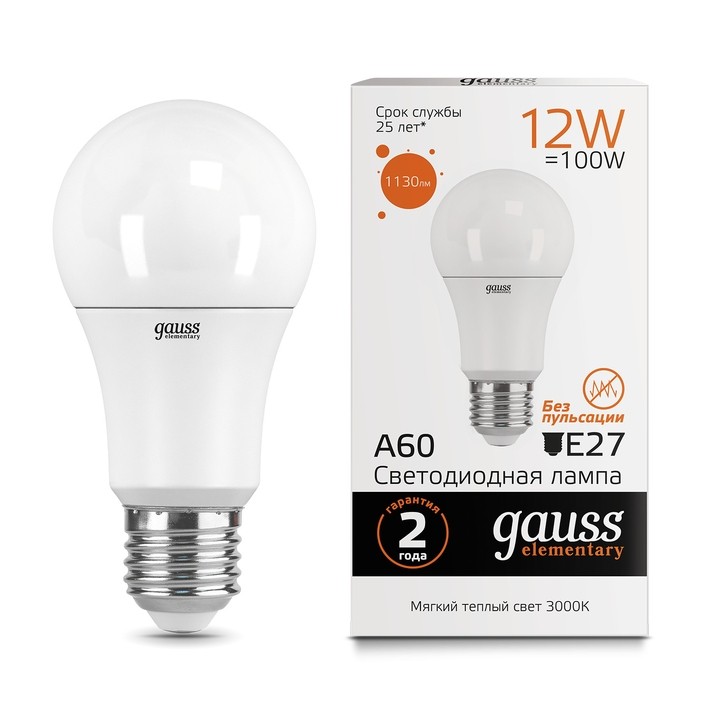 Светодиодная лампа Gauss A60 12W 1130lm 3000K E27 2321223212_GAUSS