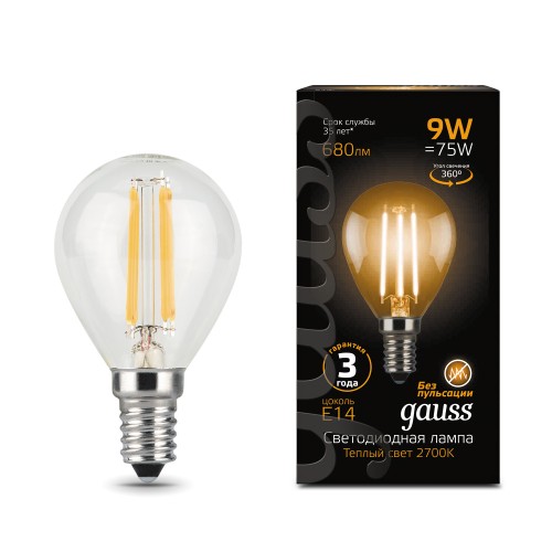 105801109 Лампа Gauss LED Filament Globe, E14, 9W, 680Lm 2700K 1/10/50, шт