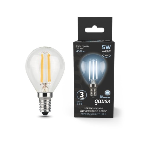 105801205 Лампа Gauss LED Filament Globe E14 5W 4100K 1/10/50