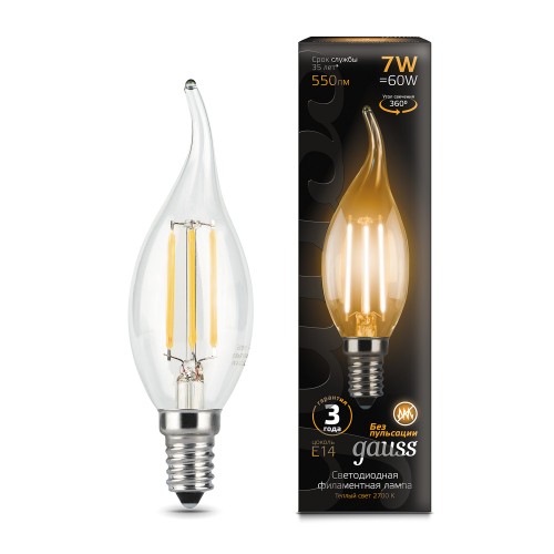 104801107 Лампа Gauss LED Filament Candle tailed E14 7W 2700К 1/10/50, шт